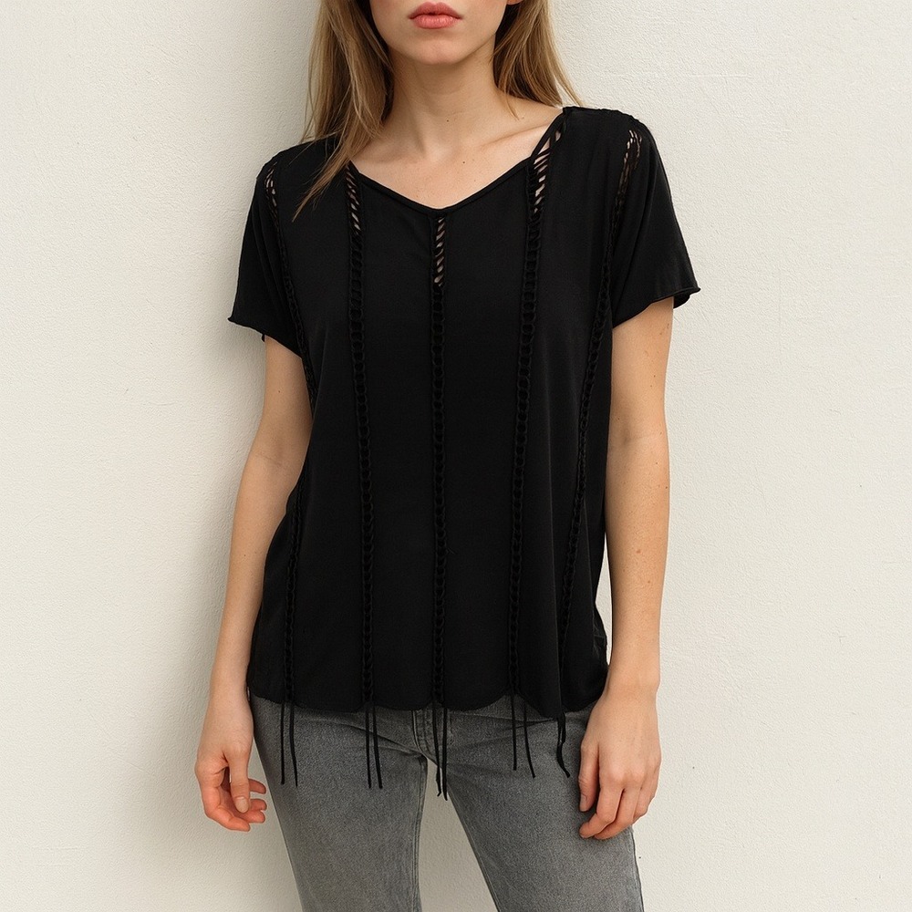 AllSaints Blondie Top Womens 2 Black T-Shirt Braided‎ Cut Out Lace Up Goth